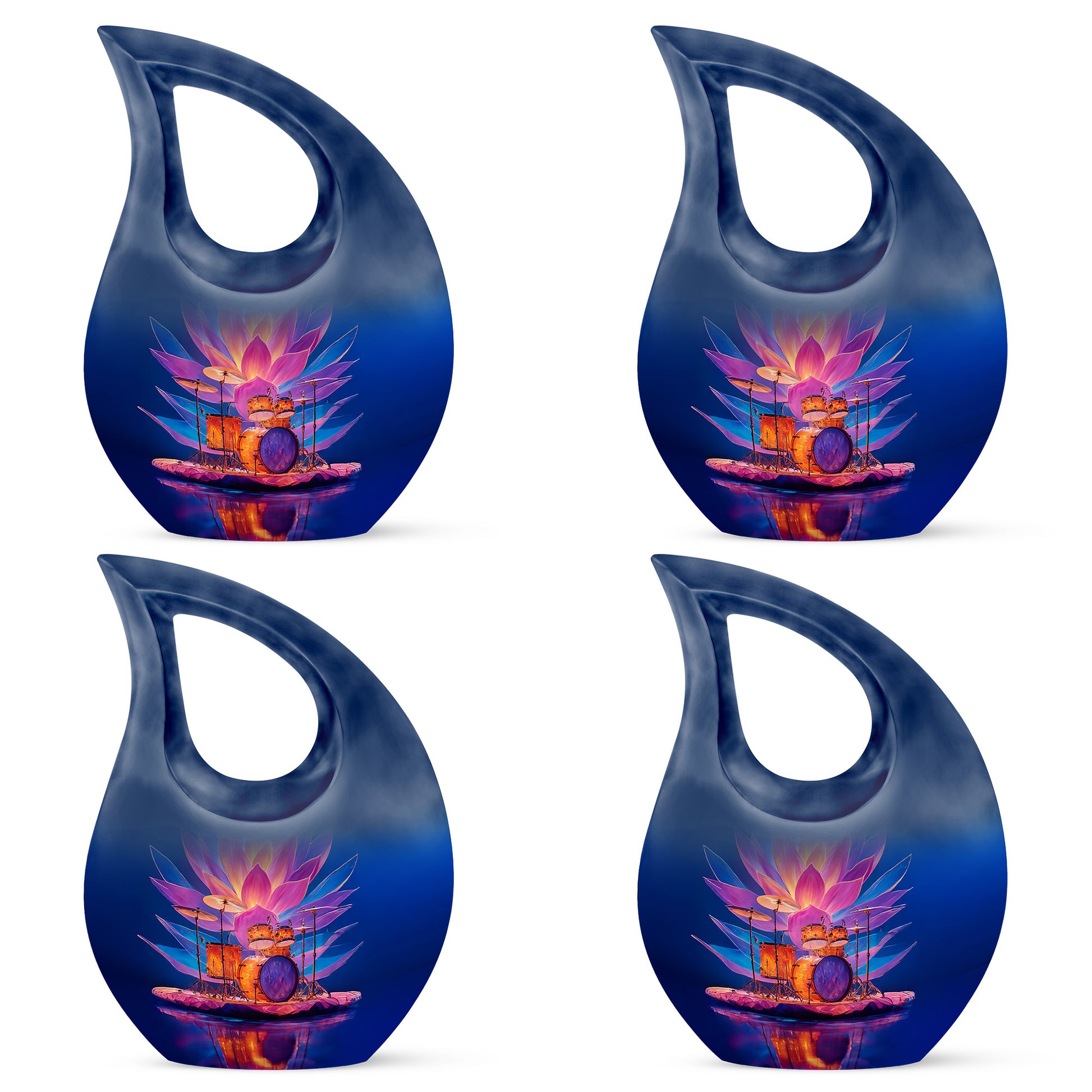 Azure Drums Cremation Urn lifestyle display on memorial shelf - cross and drums combined in spiritual memorial design - 10 inch aluminum urn for cremated remains