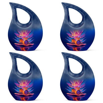Azure Drums Cremation Urn lifestyle display on memorial shelf - cross and drums combined in spiritual memorial design - 10 inch aluminum urn for cremated remains