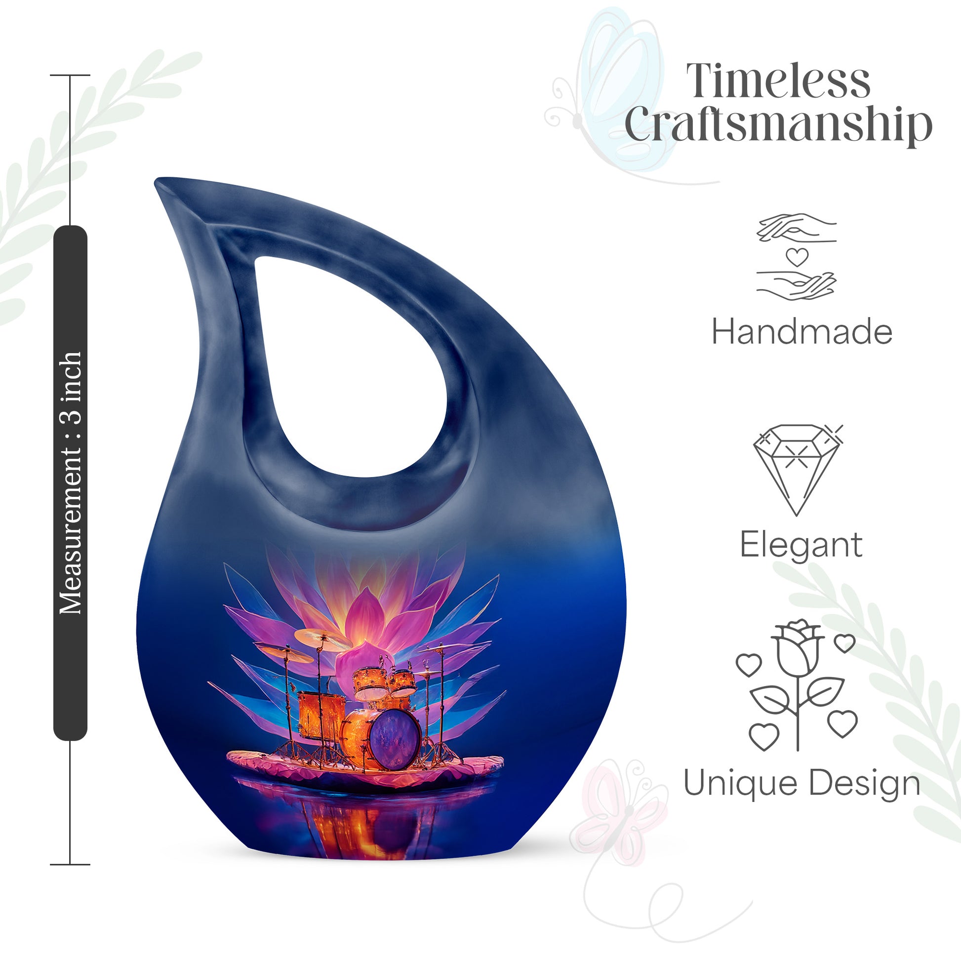 Misty Blue Drums Cremation Urn back view with polished surface - sacred cross merged with drums motif on metal - mini keepsake memorial for portion of cremation ashes