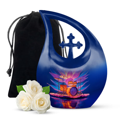 Slate Blue Drums Cremation Urn top-down view of secure threaded lid - cross and drums combined in spiritual memorial design - full-size 10 inch 200 cubic inch adult cremation urn