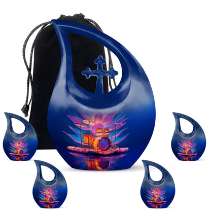 Sky Blue Drums Cremation Urn urn with complimentary velvet bag - sacred cross merged with drums motif on metal - memorial set with one large and four small urns
