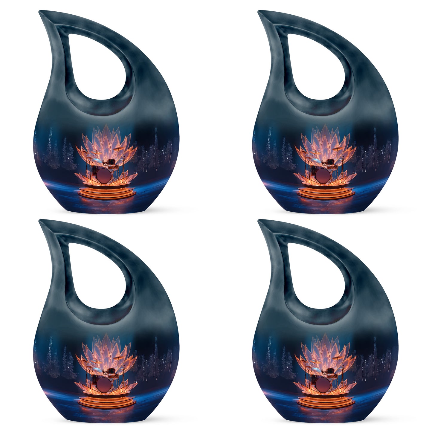Azure Drums Cremation Urn lifestyle display on memorial shelf - cross and drums combined in spiritual memorial design - 10 inch aluminum urn for cremated remains