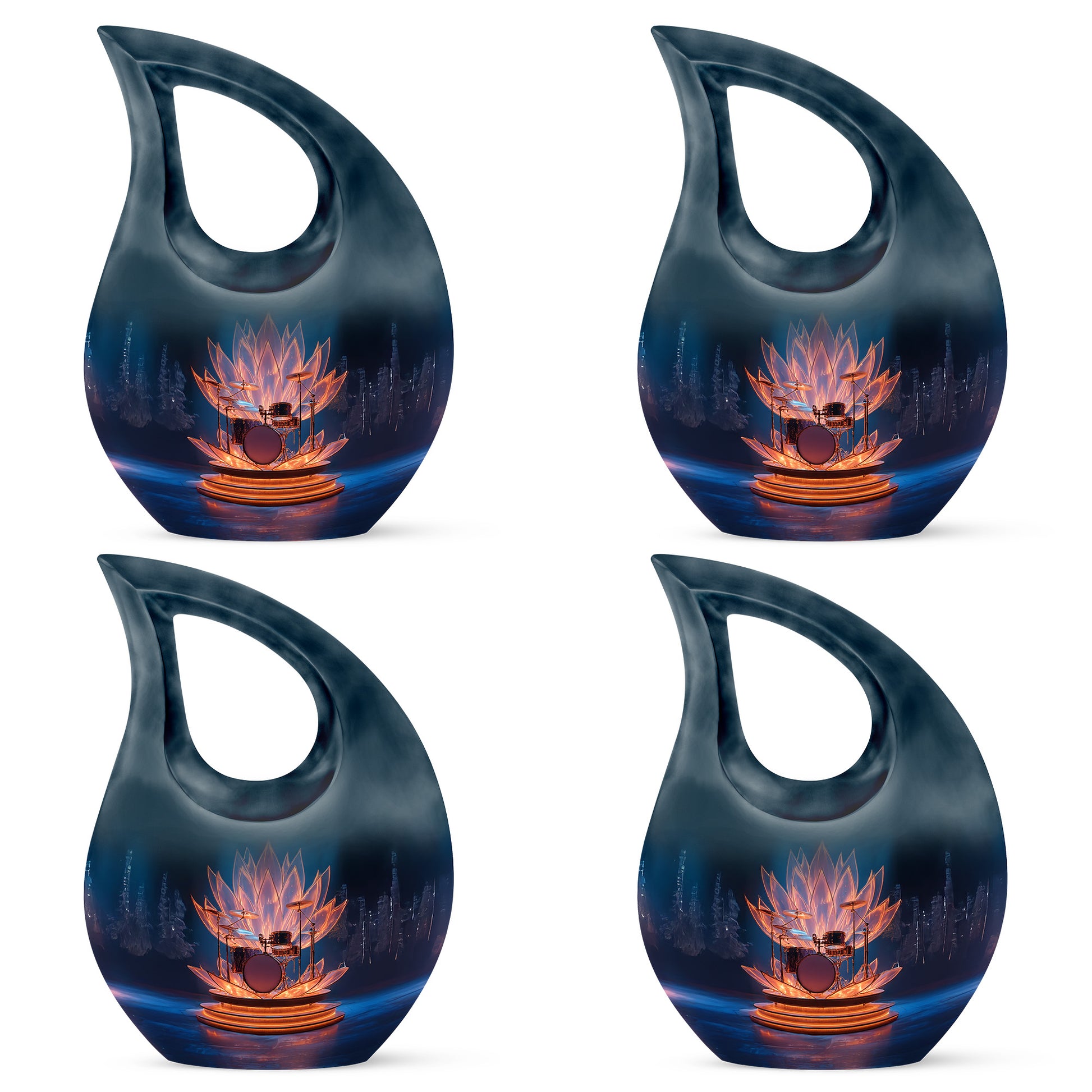 Azure Drums Cremation Urn lifestyle display on memorial shelf - cross and drums combined in spiritual memorial design - 10 inch aluminum urn for cremated remains