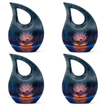 Azure Drums Cremation Urn lifestyle display on memorial shelf - cross and drums combined in spiritual memorial design - 10 inch aluminum urn for cremated remains
