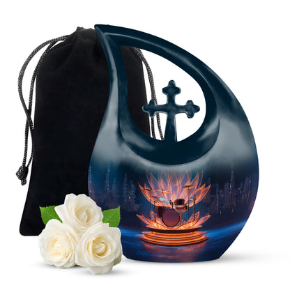 Pastel Blue Drums Cremation Urn top-down view of secure threaded lid - sacred cross merged with drums motif on metal - full-size 10 inch 200 cubic inch adult cremation urn