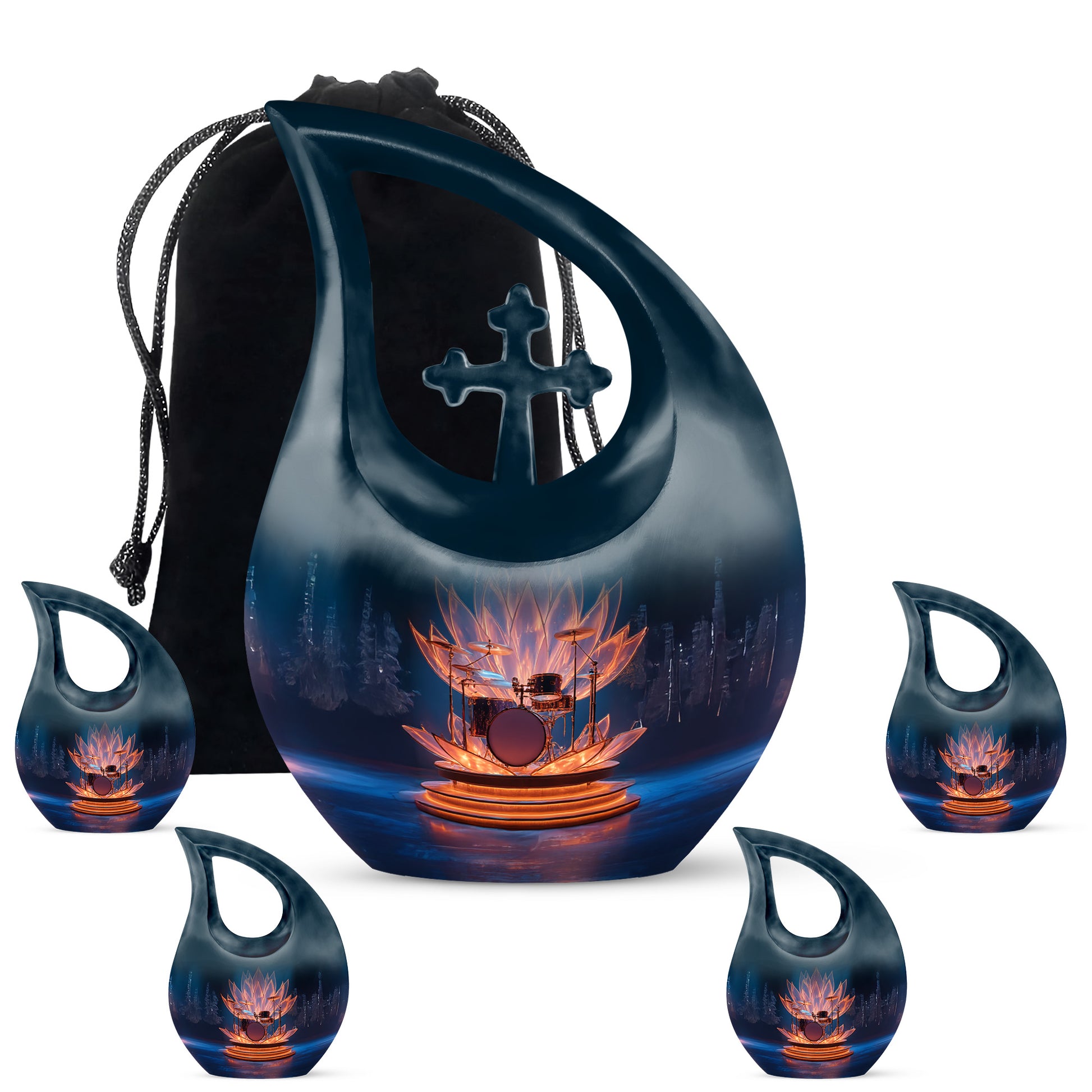 Indigo Drums Cremation Urn urn with complimentary velvet bag - sacred cross merged with drums motif on metal - memorial set with one large and four small urns