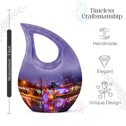 Serene Blue Drums Cremation Urn back view with polished surface - devotional cross-drop drums engraving - mini keepsake memorial for portion of cremation ashes