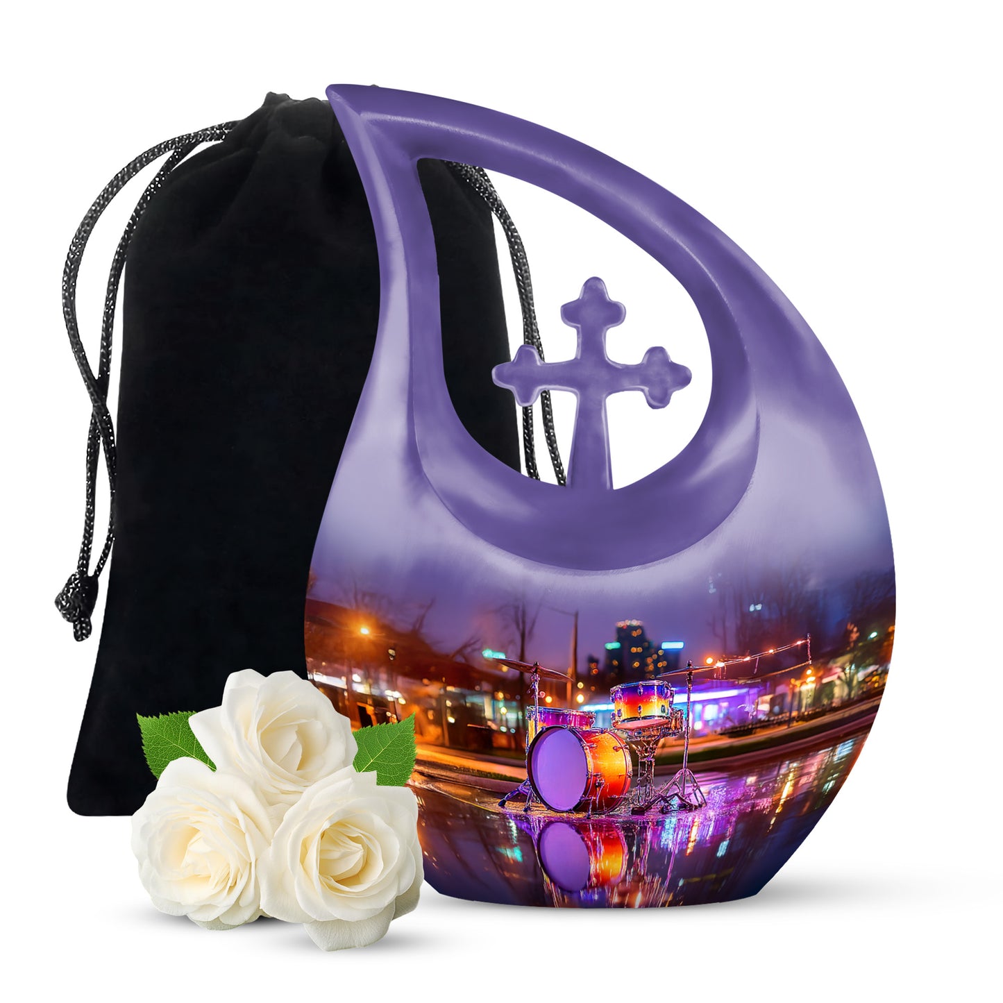 Serene Blue Drums Cremation Urn top-down view of secure threaded lid - devotional cross-drop drums engraving - full-size 10 inch 200 cubic inch adult cremation urn