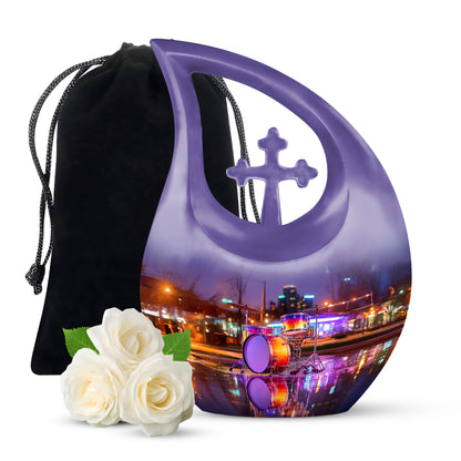 Serene Blue Drums Cremation Urn top-down view of secure threaded lid - devotional cross-drop drums engraving - full-size 10 inch 200 cubic inch adult cremation urn