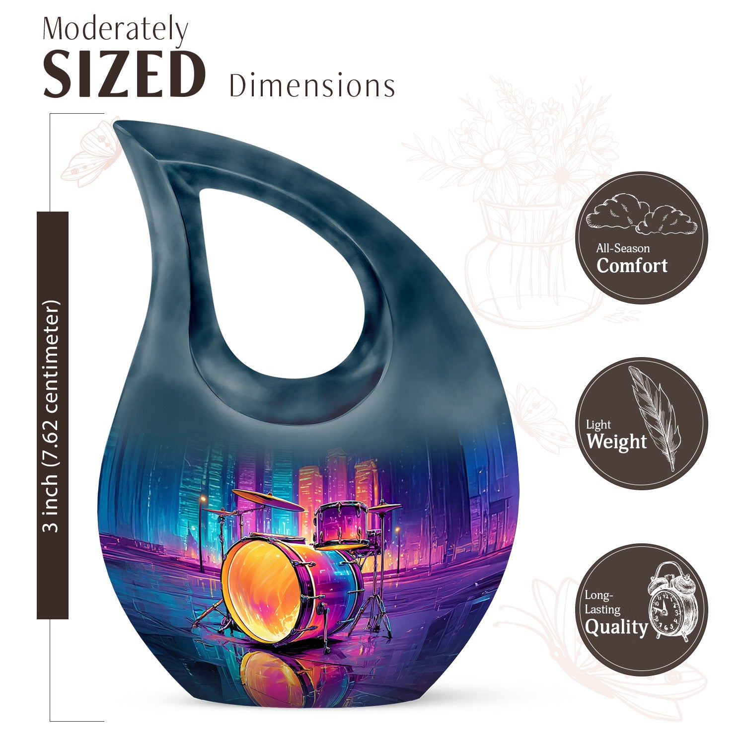 Azure Drums Cremation Urn back view with polished surface - sacred cross merged with drums motif on metal - mini keepsake memorial for portion of cremation ashes