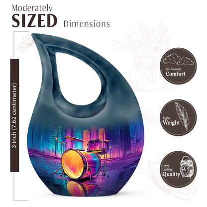 Azure Drums Cremation Urn back view with polished surface - sacred cross merged with drums motif on metal - mini keepsake memorial for portion of cremation ashes