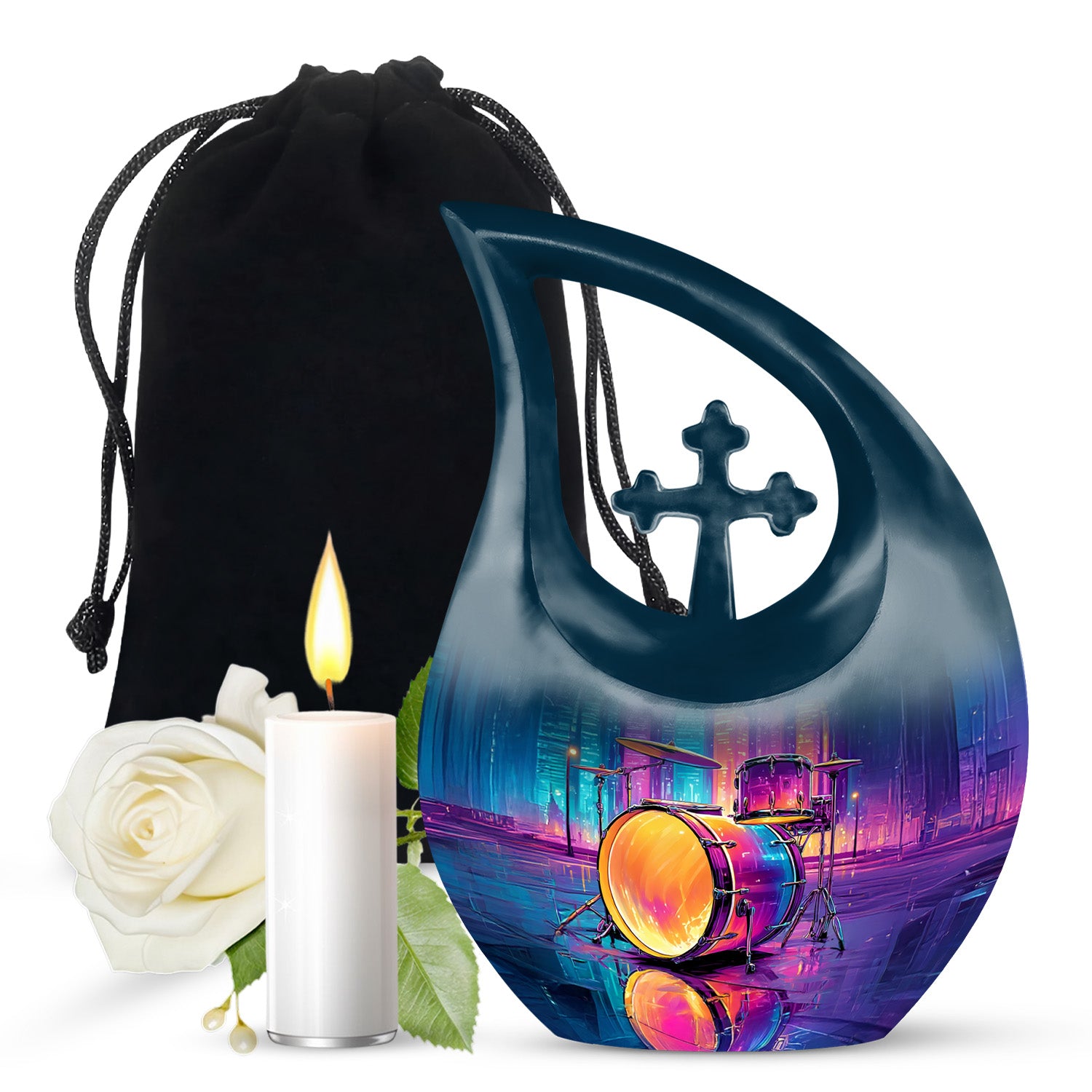 Vivid Blue Drums Cremation Urn top-down view of secure threaded lid - faith-inspired cross-drop urn with drums pattern - full-size 10 inch 200 cubic inch adult cremation urn