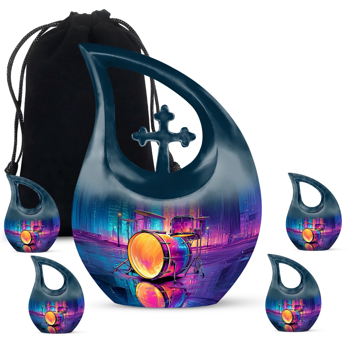 Azure Drums Cremation Urn urn with complimentary velvet bag - cross and drums combined in spiritual memorial design - memorial set with one large and four small urns