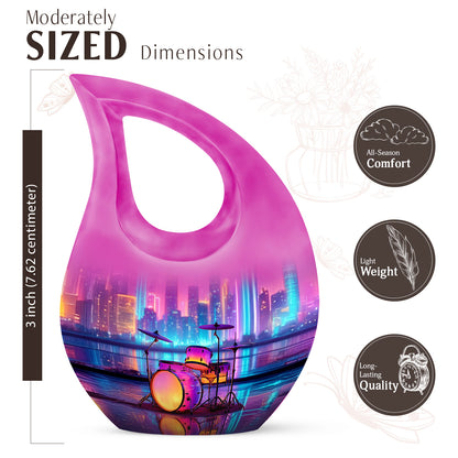 Twilight Blue Drums Cremation Urn back view with polished surface - devotional cross-drop drums engraving - mini keepsake memorial for portion of cremation ashes