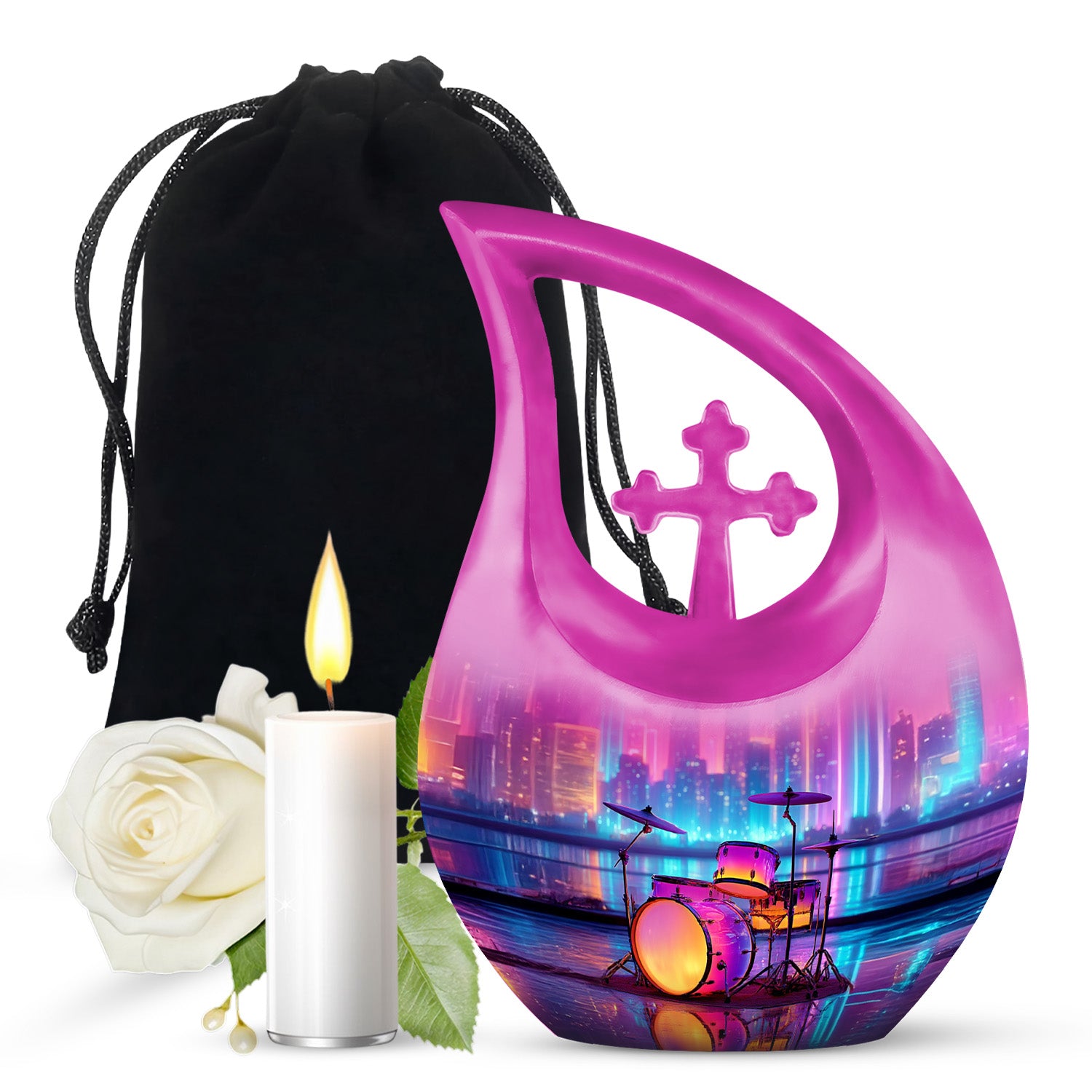 Royal Blue Drums Cremation Urn top-down view of secure threaded lid - faith-inspired cross-drop urn with drums pattern - full-size 10 inch 200 cubic inch adult cremation urn