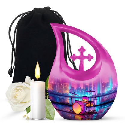 Royal Blue Drums Cremation Urn top-down view of secure threaded lid - faith-inspired cross-drop urn with drums pattern - full-size 10 inch 200 cubic inch adult cremation urn
