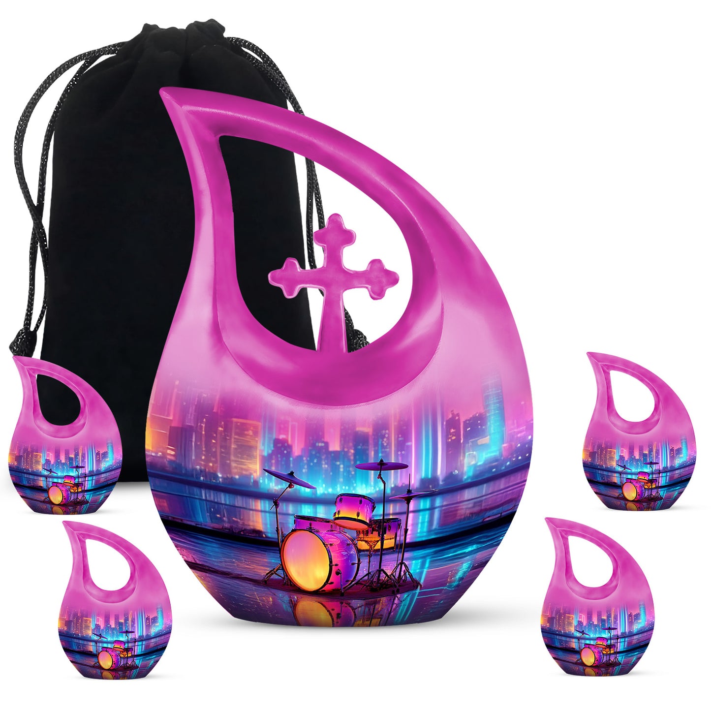 Indigo Drums Cremation Urn urn with complimentary velvet bag - cross and drums combined in spiritual memorial design - memorial set with one large and four small urns