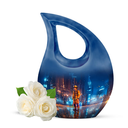 Graceful Blue Firefighter Testament Urn for Human Ashes - 10-inch, 200 cu in - Yatskia