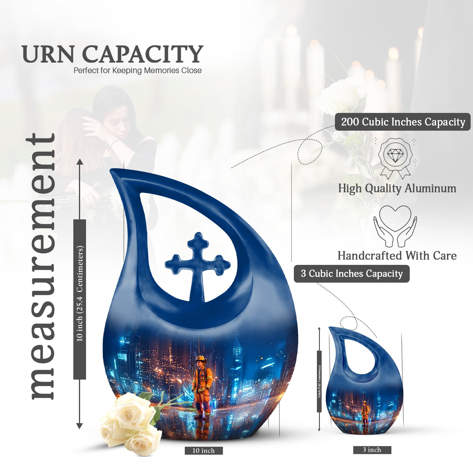 Sapphire Blue Firefighter Cremation Urn back view with polished surface - faith-inspired cross-drop urn with firefighter pattern - mini keepsake memorial for portion of cremation ashes