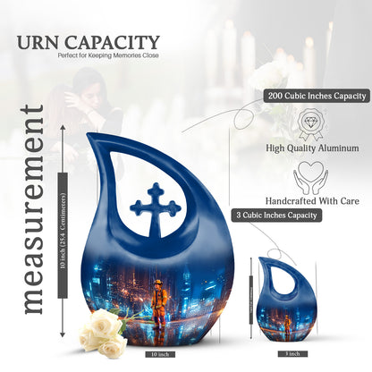 Sapphire Blue Firefighter Cremation Urn back view with polished surface - faith-inspired cross-drop urn with firefighter pattern - mini keepsake memorial for portion of cremation ashes
