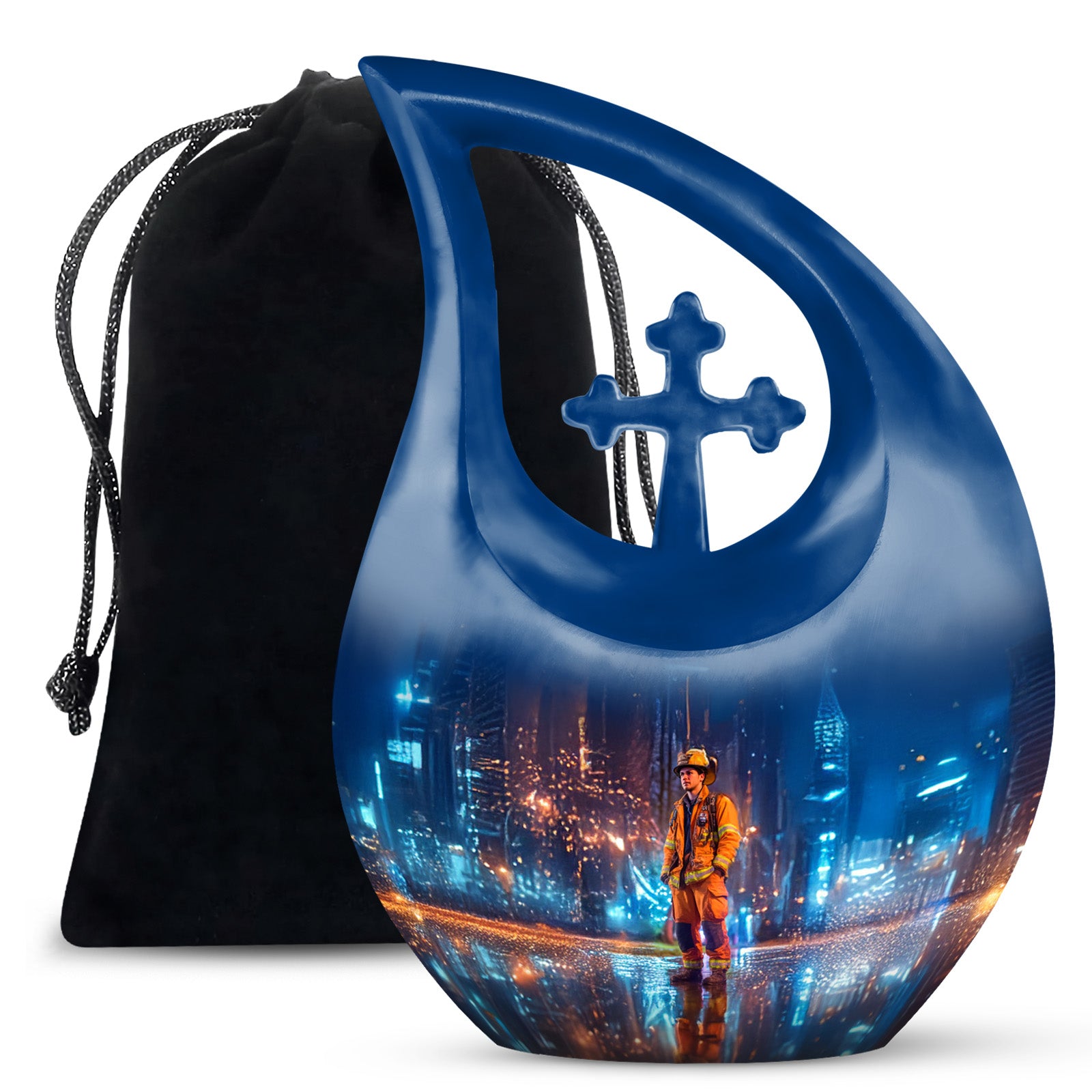 Cobalt Blue Firefighter Cremation Urn top-down view of secure threaded lid - devotional cross-drop firefighter engraving - full-size 10 inch 200 cubic inch adult cremation urn