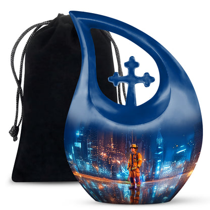 Cobalt Blue Firefighter Cremation Urn top-down view of secure threaded lid - devotional cross-drop firefighter engraving - full-size 10 inch 200 cubic inch adult cremation urn