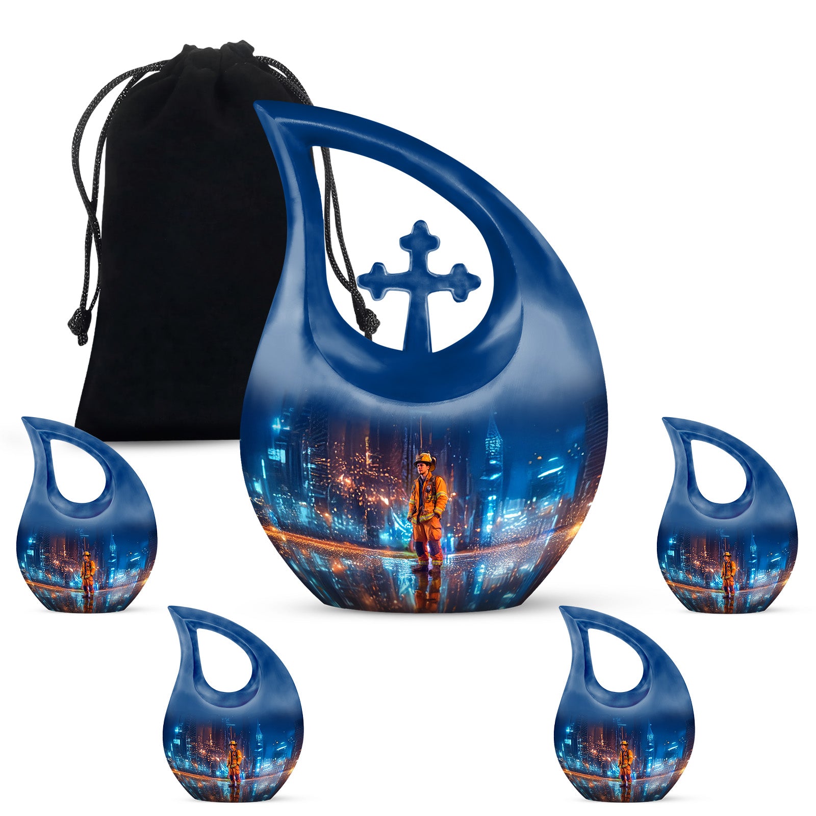 Twilight Blue Firefighter Cremation Urn urn with complimentary velvet bag - faith-inspired cross-drop urn with firefighter pattern - memorial set with one large and four small urns