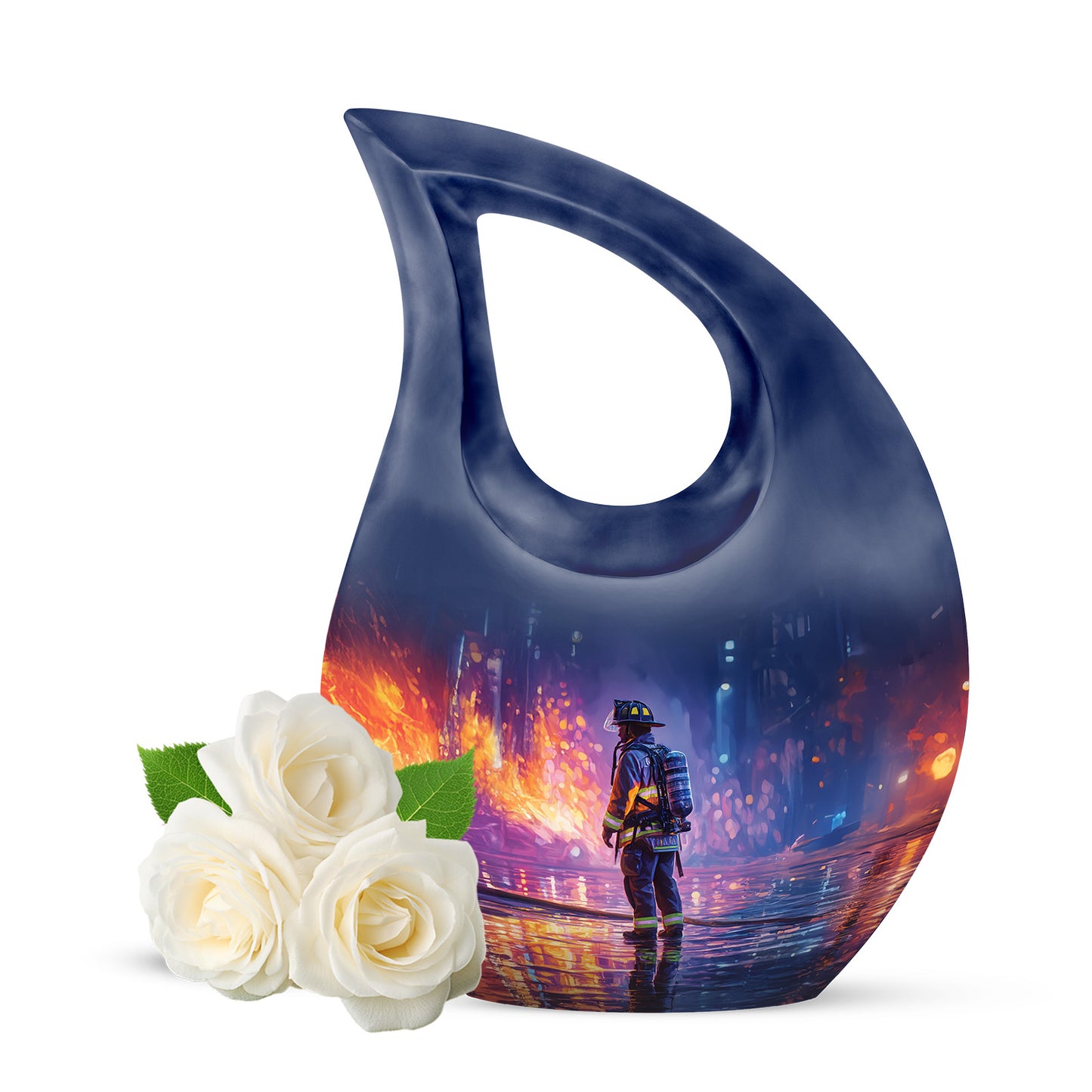 Blue Venerable Firefighter Cremation Urns for Human Ashes - 10-inch, 200 cu in - Yatskia