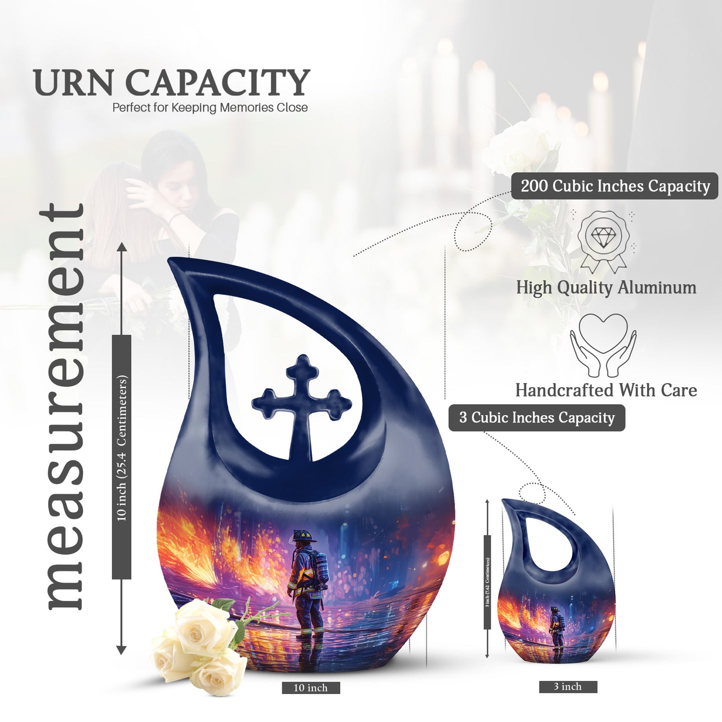 Sapphire Blue Firefighter Cremation Urn back view with polished surface - devotional cross-drop firefighter engraving - mini keepsake memorial for portion of cremation ashes