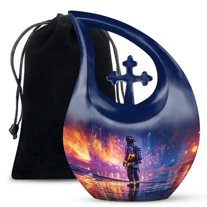 Royal Blue Firefighter Cremation Urn top-down view of secure threaded lid - faith-inspired cross-drop urn with firefighter pattern - full-size 10 inch 200 cubic inch adult cremation urn