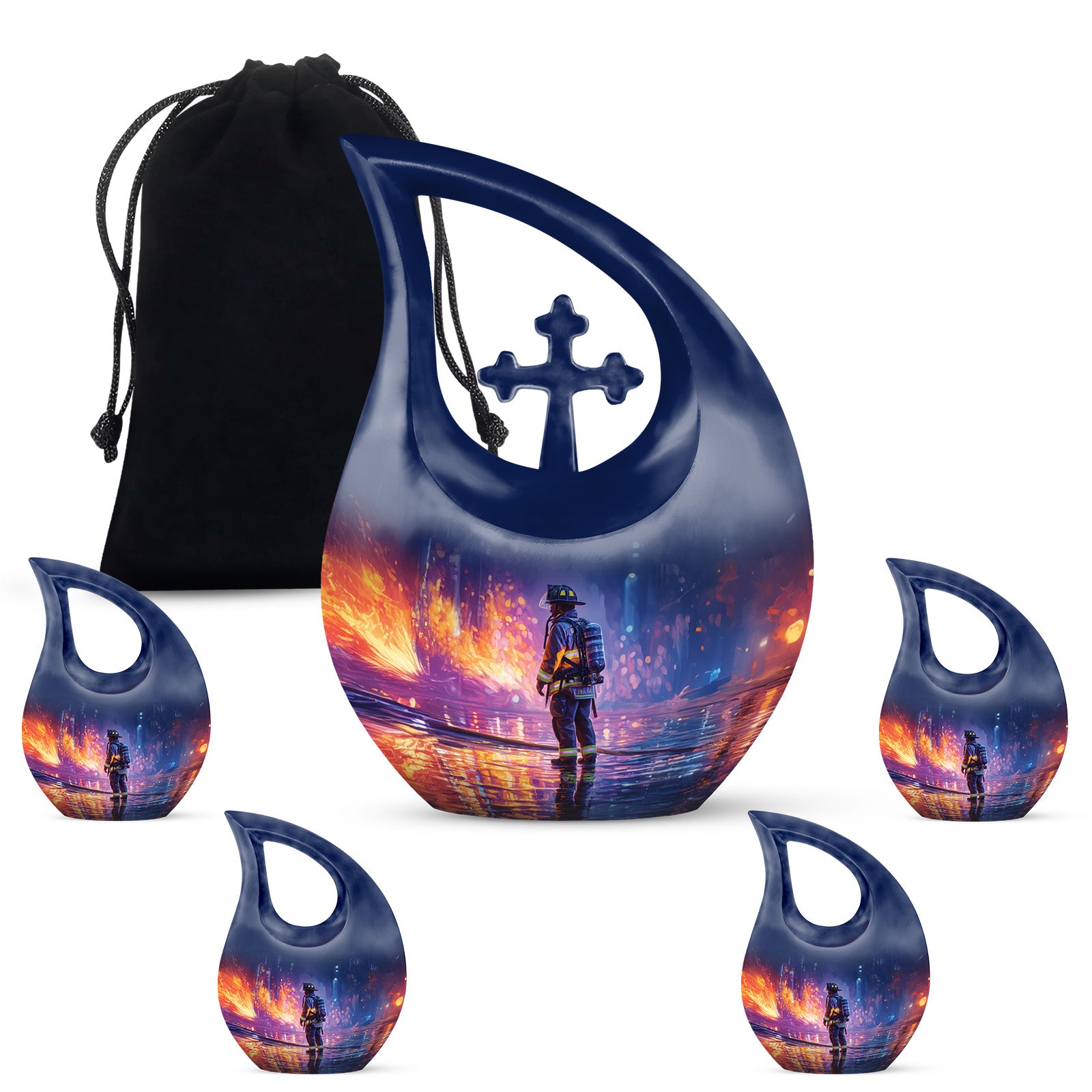 Pastel Blue Firefighter Cremation Urn urn with complimentary velvet bag - sacred cross merged with firefighter motif on metal - memorial set with one large and four small urns