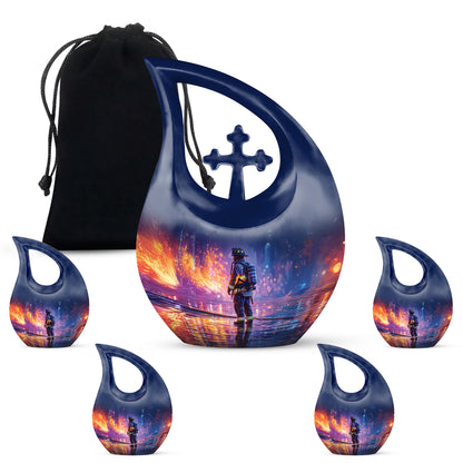 Pastel Blue Firefighter Cremation Urn urn with complimentary velvet bag - sacred cross merged with firefighter motif on metal - memorial set with one large and four small urns