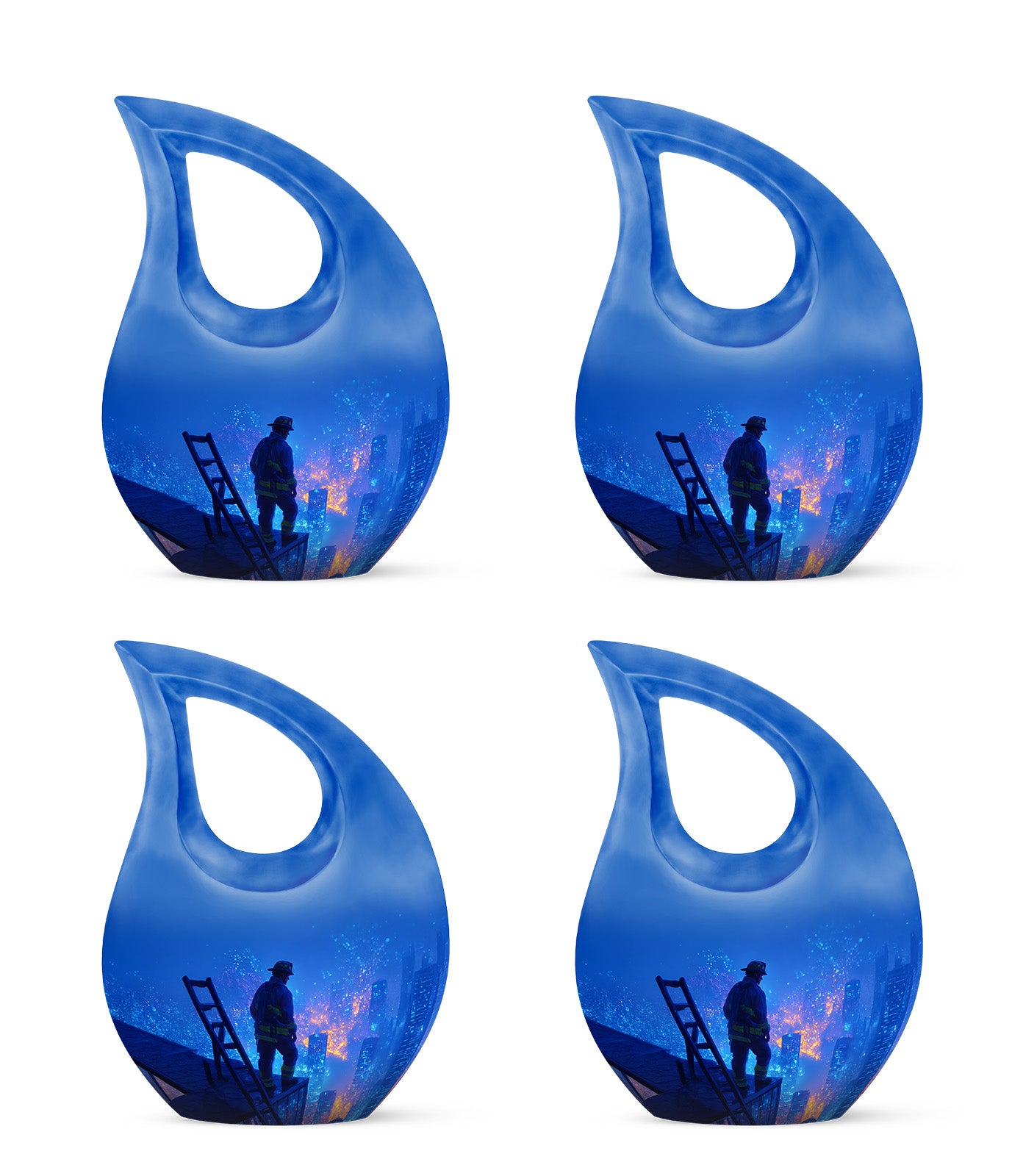 Celestial Blue Firefighter Cremation Urn lifestyle display on memorial shelf - sacred cross merged with firefighter motif on metal - 10 inch aluminum urn for cremated remains