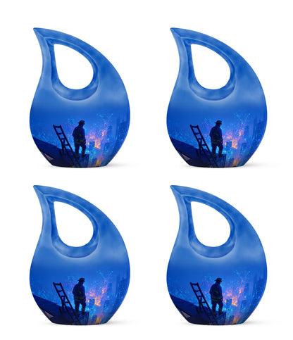 Celestial Blue Firefighter Cremation Urn lifestyle display on memorial shelf - sacred cross merged with firefighter motif on metal - 10 inch aluminum urn for cremated remains