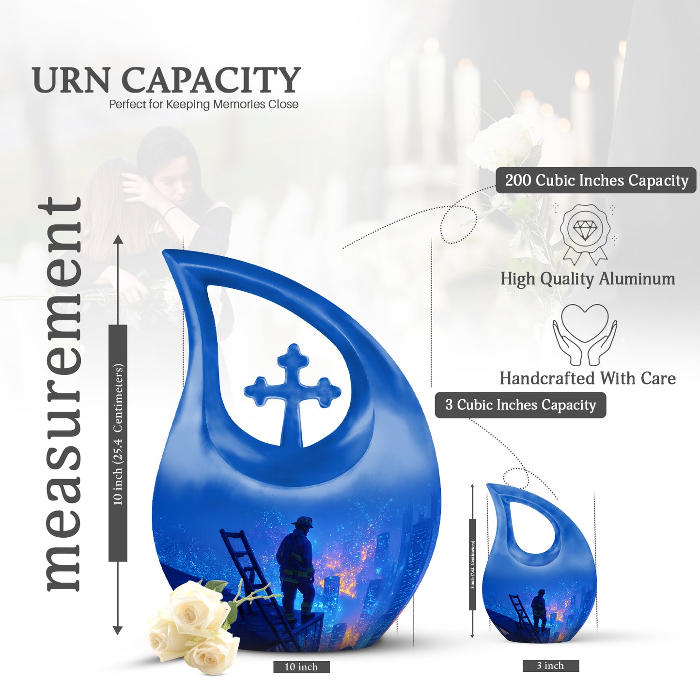 Dusty Blue Firefighter Cremation Urn back view with polished surface - cross and firefighter combined in spiritual memorial design - mini keepsake memorial for portion of cremation ashes