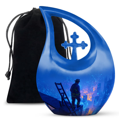 Pastel Blue Firefighter Cremation Urn top-down view of secure threaded lid - sacred cross merged with firefighter motif on metal - full-size 10 inch 200 cubic inch adult cremation urn