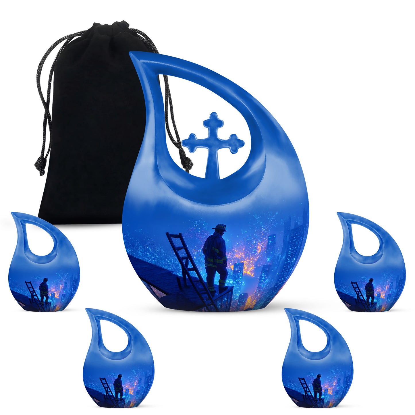 Navy Blue Firefighter Cremation Urn urn with complimentary velvet bag - cross and firefighter combined in spiritual memorial design - memorial set with one large and four small urns