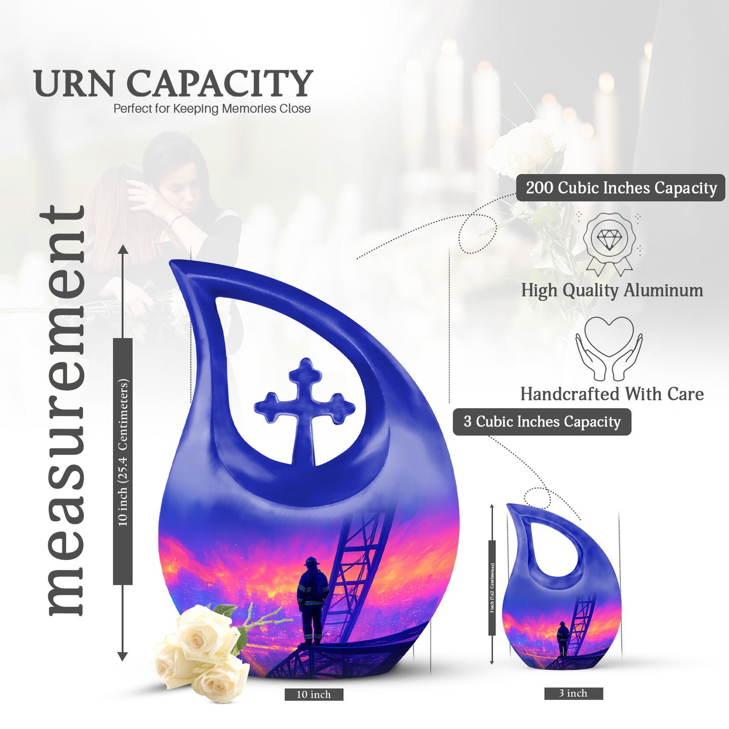 Celestial Blue Firefighter Cremation Urn back view with polished surface - cross and firefighter combined in spiritual memorial design - mini keepsake memorial for portion of cremation ashes