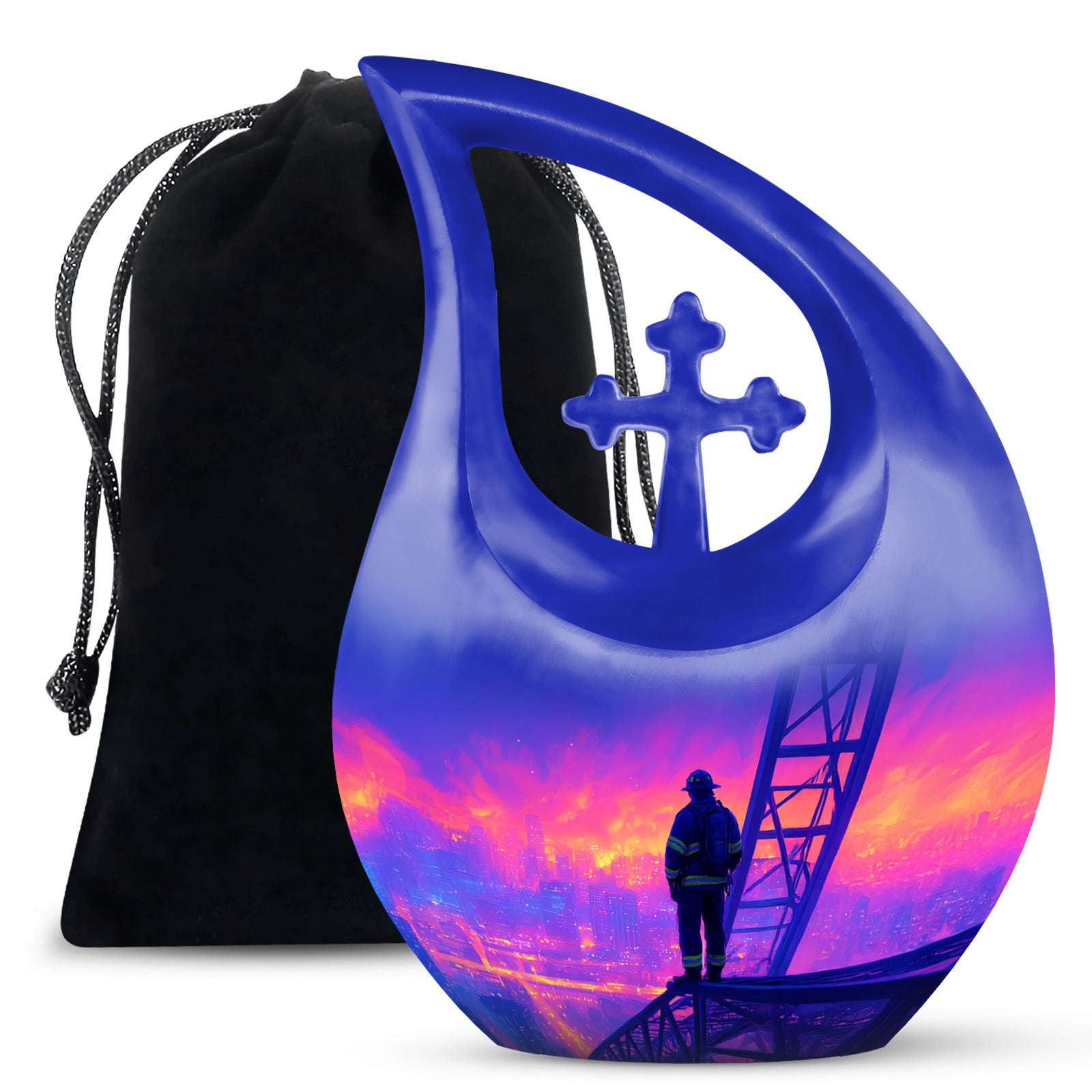 Sky Blue Firefighter Cremation Urn top-down view of secure threaded lid - cross and firefighter combined in spiritual memorial design - full-size 10 inch 200 cubic inch adult cremation urn