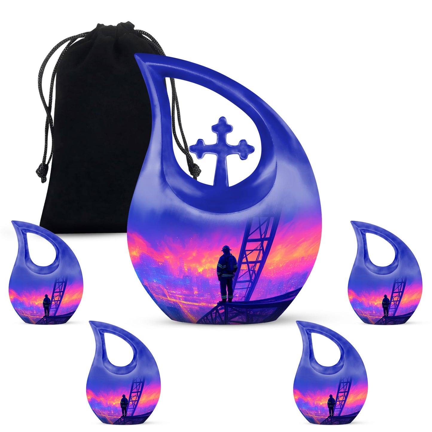 Azure Firefighter Cremation Urn urn with complimentary velvet bag - sacred cross merged with firefighter motif on metal - memorial set with one large and four small urns