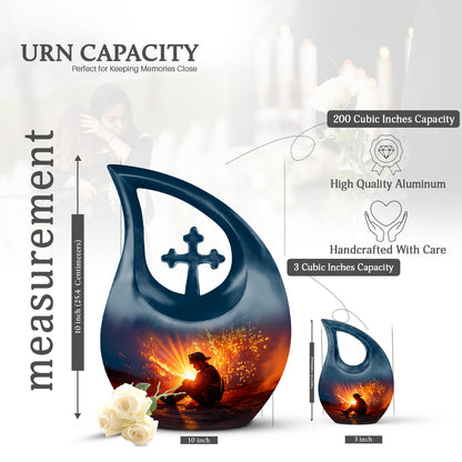Navy Blue Firefighter Cremation Urn back view with polished surface - sacred cross merged with firefighter motif on metal - mini keepsake memorial for portion of cremation ashes