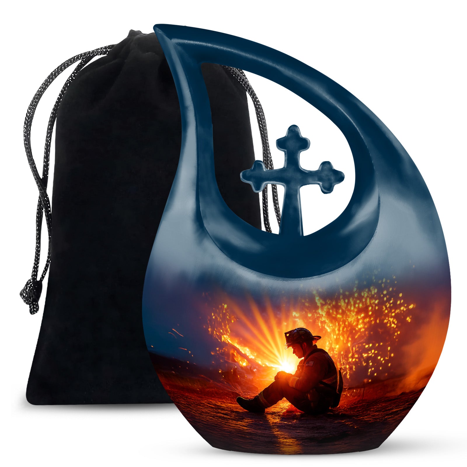 Dusty Blue Firefighter Cremation Urn top-down view of secure threaded lid - cross and firefighter combined in spiritual memorial design - full-size 10 inch 200 cubic inch adult cremation urn