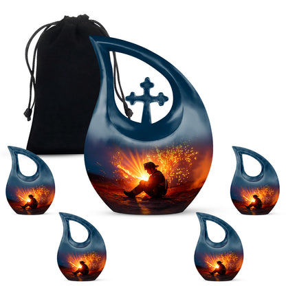 Cobalt Blue Firefighter Cremation Urn urn with complimentary velvet bag - faith-inspired cross-drop urn with firefighter pattern - memorial set with one large and four small urns