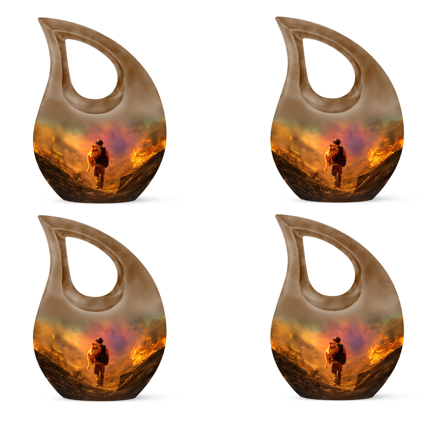 Matte Gold Firefighter Cremation Urn lifestyle display on memorial shelf - faith-inspired cross-drop urn with firefighter pattern - 10 inch aluminum urn for cremated remains