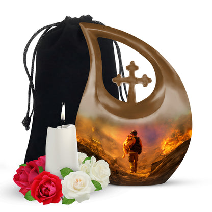 Warm Gold Firefighter Cremation Urn top-down view of secure threaded lid - faith-inspired cross-drop urn with firefighter pattern - full-size 10 inch 200 cubic inch adult cremation urn