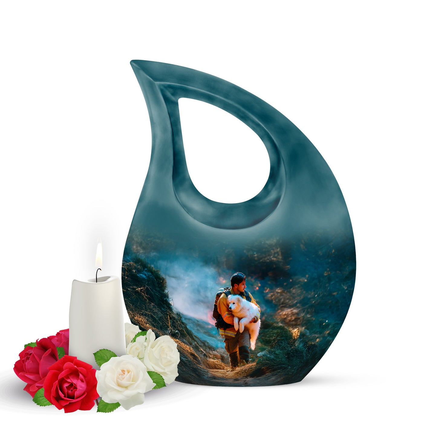 Teal Firefighter Cremation Urns - Opulent Reflection 10-inch, 200 cu in - Yatskia