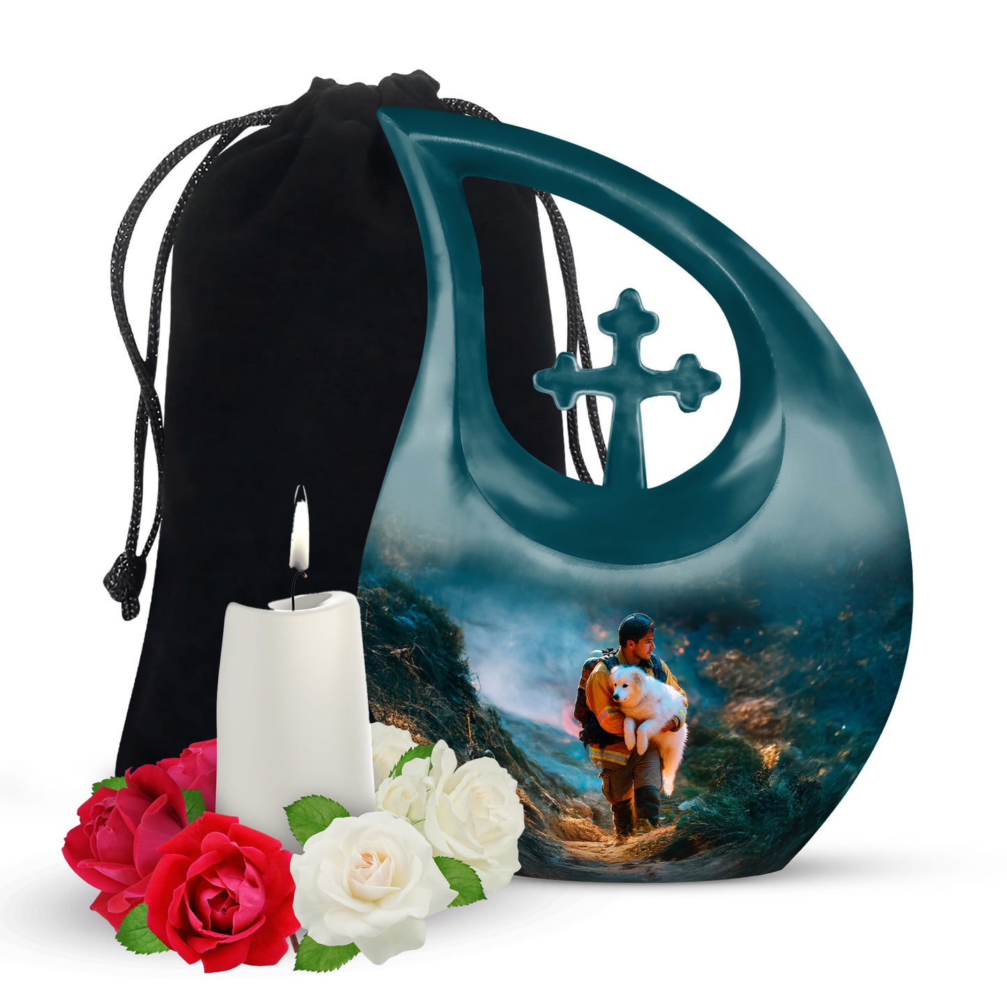 Vivid Teal Firefighter Cremation Urn top-down view of secure threaded lid - devotional cross-drop firefighter engraving - full-size 10 inch 200 cubic inch adult cremation urn