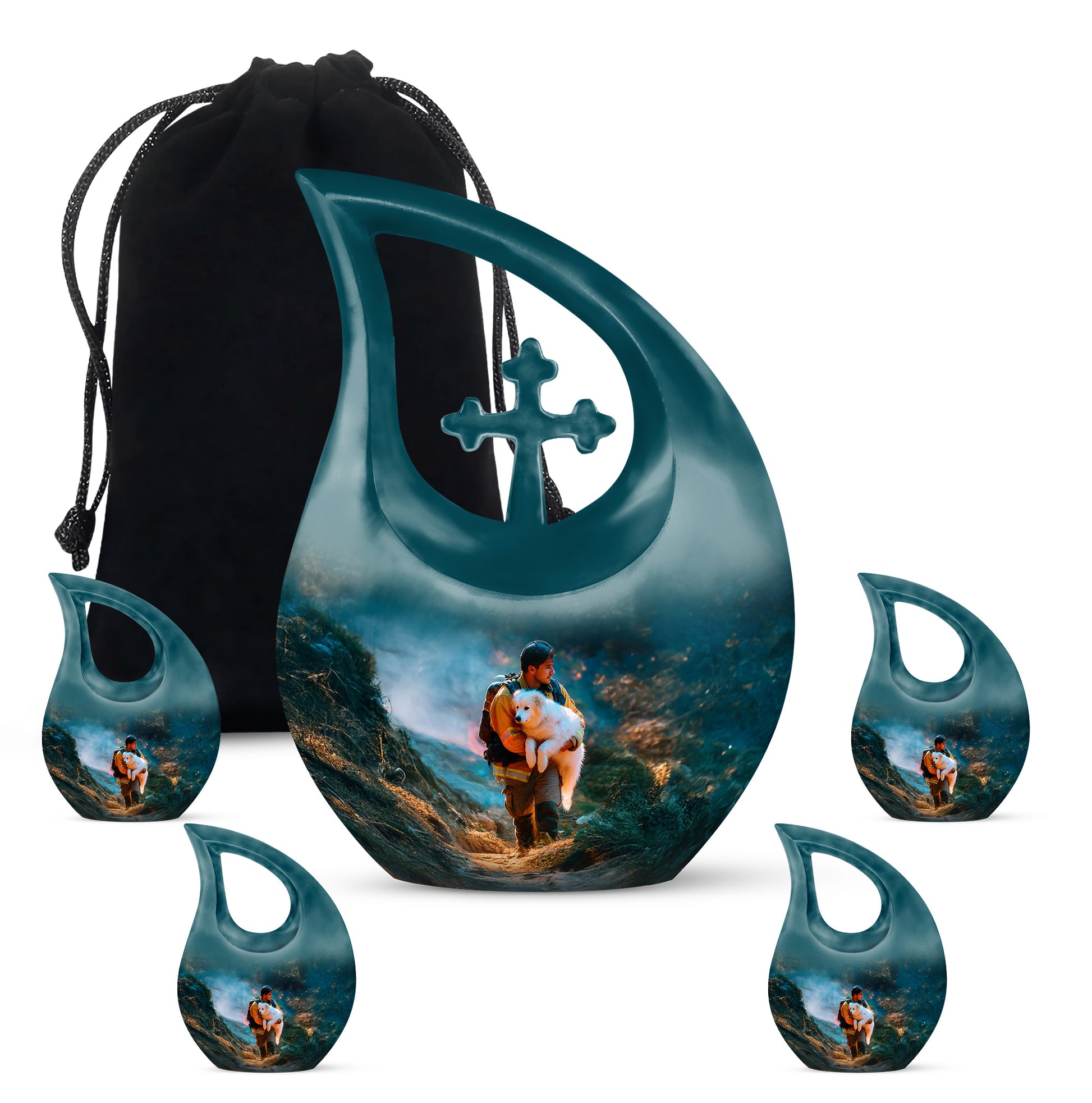 Aqua Teal Firefighter Cremation Urn urn with complimentary velvet bag - faith-inspired cross-drop urn with firefighter pattern - memorial set with one large and four small urns