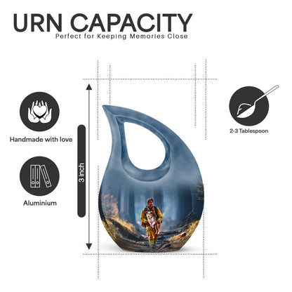 Indigo Firefighter Cremation Urn back view with polished surface - sacred cross merged with firefighter motif on metal - mini keepsake memorial for portion of cremation ashes