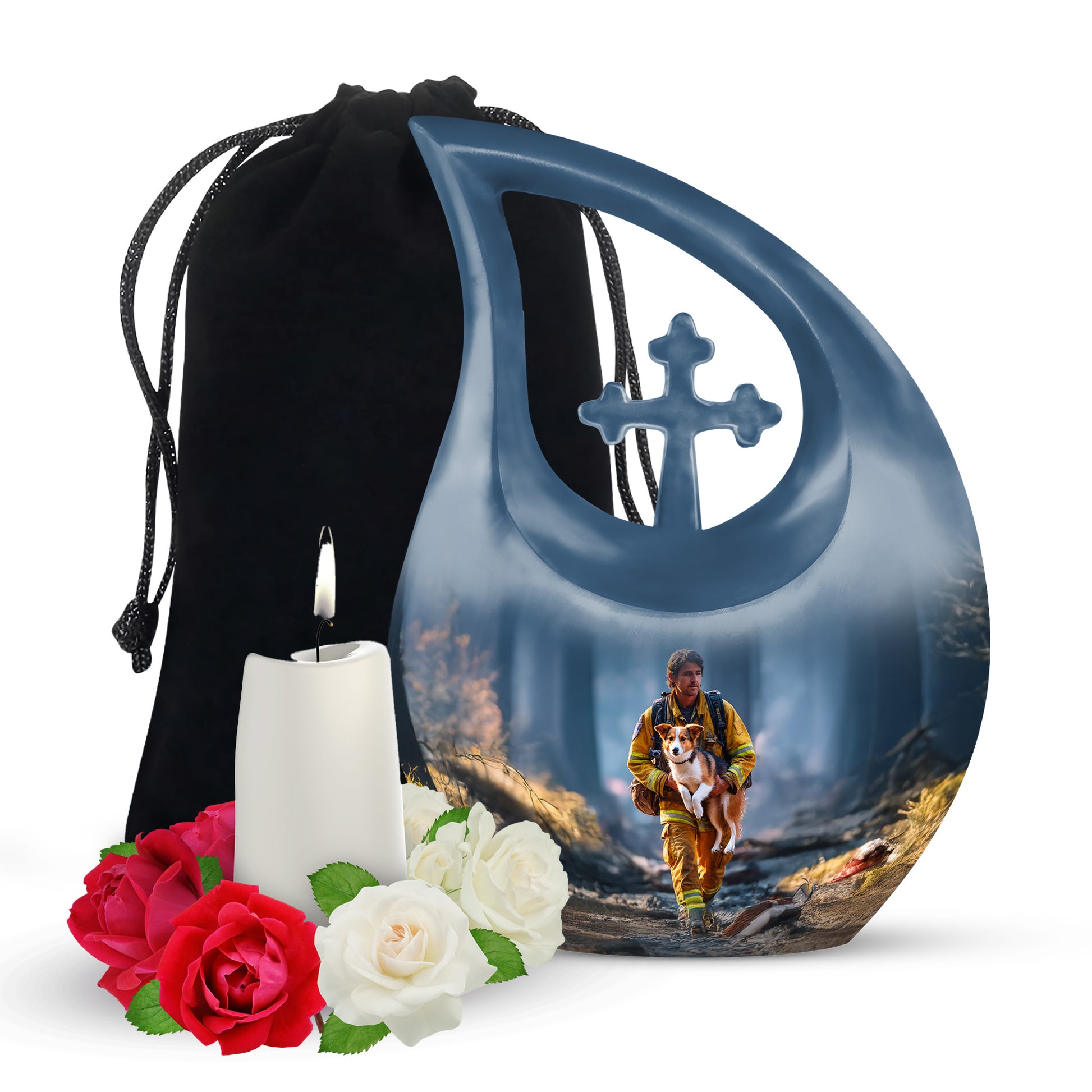 Calming Blue Firefighter Cremation Urn top-down view of secure threaded lid - devotional cross-drop firefighter engraving - full-size 10 inch 200 cubic inch adult cremation urn